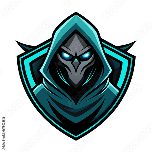 Hooded Assassin Mascot with Cyan Eyes and Sharp Emblem for Stealth Branding
