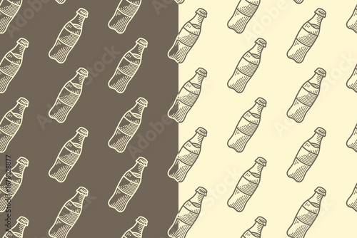 Soda soft drink bottle engraving seamless pattern on grey white background. Soda pop beverage hatching doodle pattern motif background. Cafes, bar, restaurant packaging. Vector Illustration