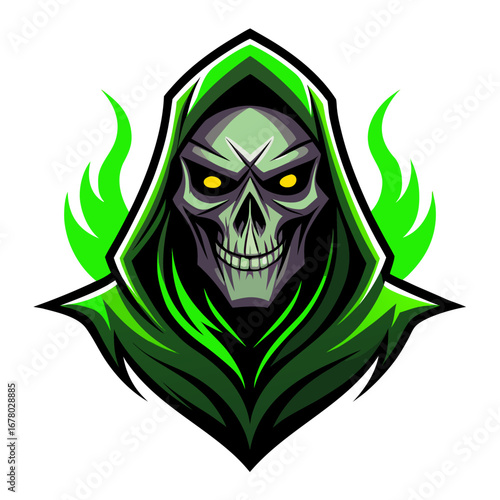 Dark Grim Reaper Mascot with Green Ethereal Glow for Stealth or Horror Branding
