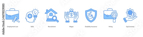 Work Regulation banner web icon set vector illustration concept with icon of employment law, skills, recruitment, wages, disability insurance, hiring, gig economy