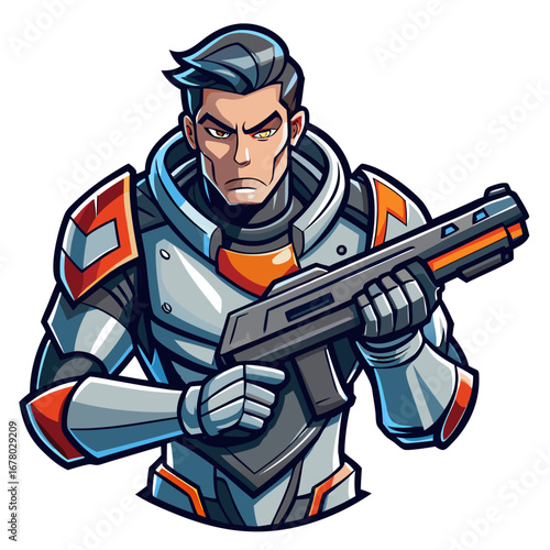 Sci-Fi Gaming Character Holding Blaster in Stylized Armor