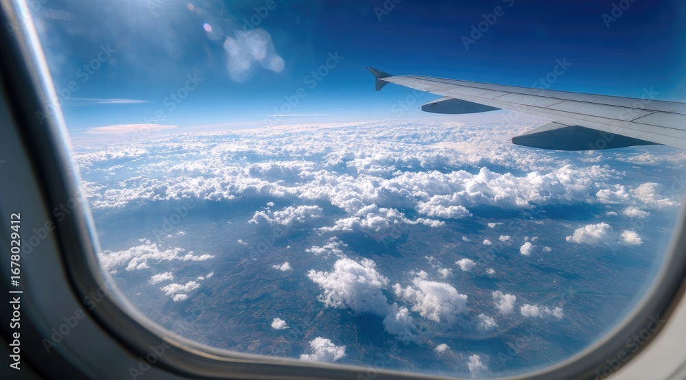 Obraz premium Airplane window view of clouds and earth