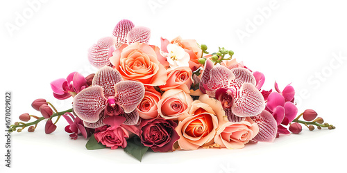 Fototapeta Naklejka Na Ścianę i Meble -  Elegant arrangement of lush pink and peach roses and orchids on a white background