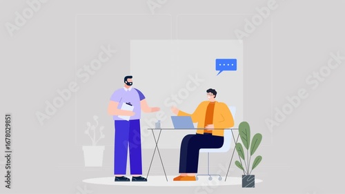 Illustration of Coworkers Discussing Ideas in a Modern Office Setting