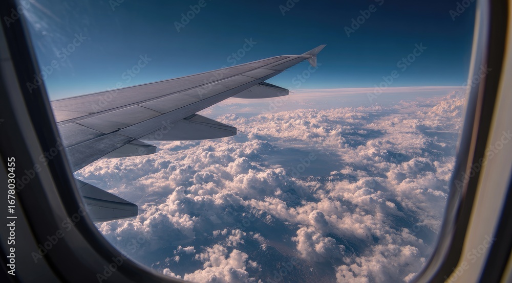 Obraz premium Airplane wing and clouds seen through window