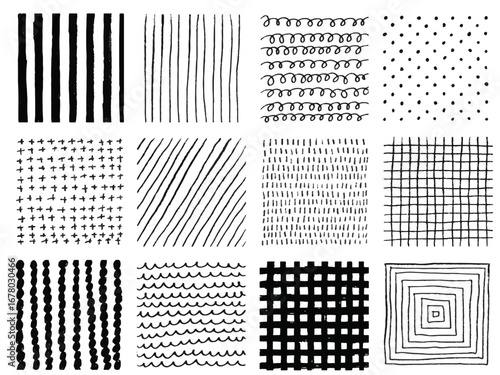 手描きあしらいセット　四角　モノクロ　パターン