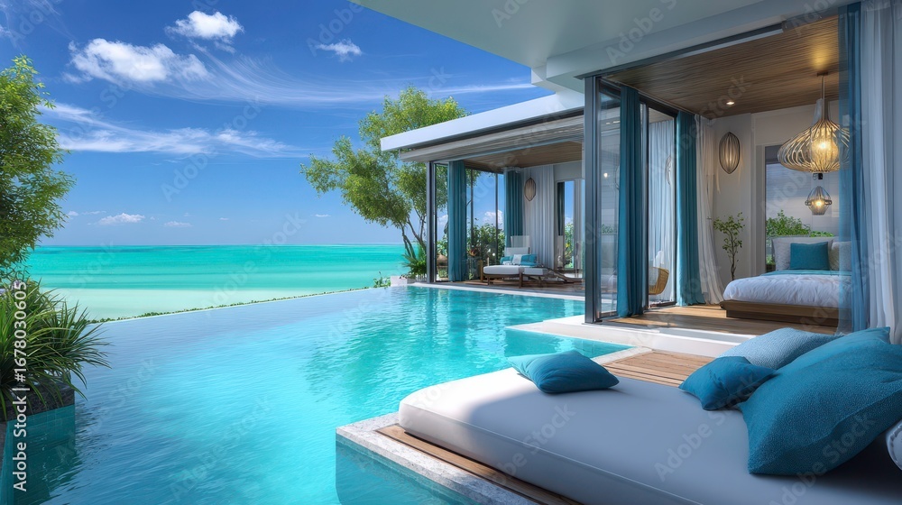 Fototapeta premium Luxury Villa, Infinity Pool, Tropical Vacation, Beach Resort
