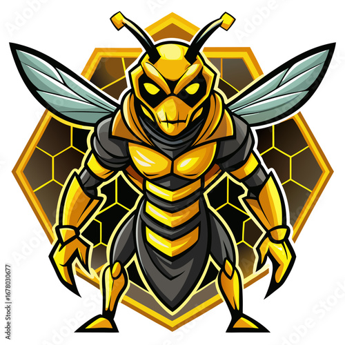 Armored Wasp with Glowing Stinger and Honeycomb Pattern Backdrop