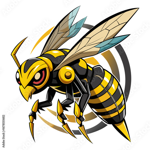 Mechanized Hornet with Metallic Accents and Dynamic Motion Lines