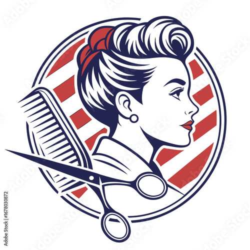 Hairstylist woman with scissors and comb  line art logo.
