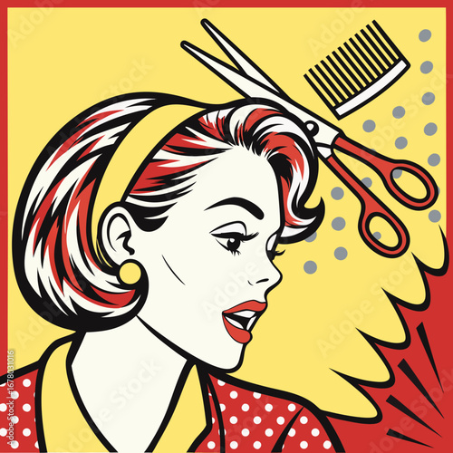 Hairstylist woman with scissors and comb  line art logo.
