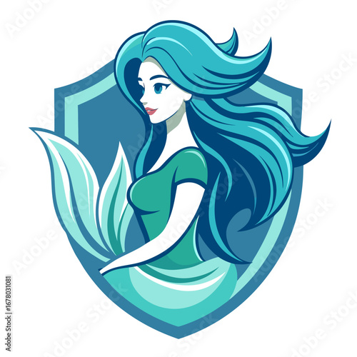 Serene Mermaid in Shield Crest with Aqua-Toned Waves