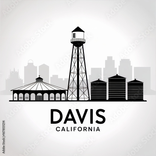 Davis California Skyline Silhouette — A Vibrant University Town in Yolo County Vector Illustration
