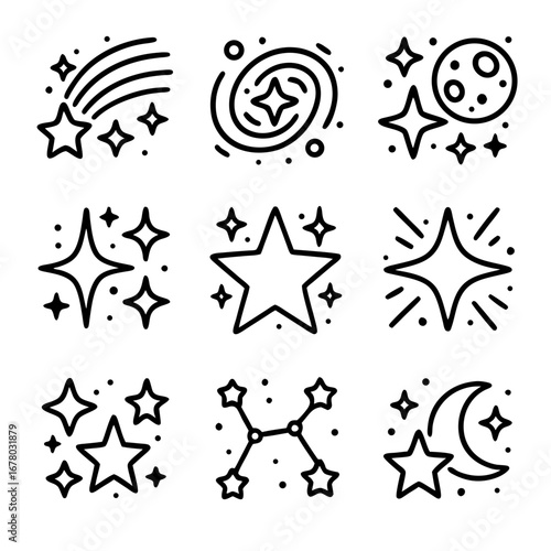 Star symbols, black celestial bodies, moon, galaxies create a spacethemed graphic. Perfect for astronomy presentations, science articles, and educational materials.