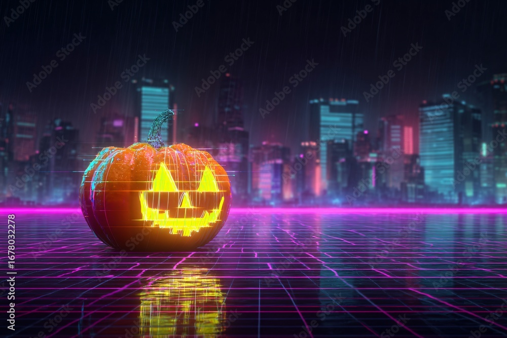 Obraz premium A neon-lit pumpkin with a digital glitch effect in a cyberpunk city setting for Halloween.
