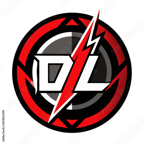 Circular "D" and "L" Esports Monogram in Red and White with Angular Connections and Bold Black Ring
