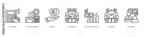 Accounting banner web icon set vector illustration concept with icon of accounting, asset management, charity, consultation, return on investment, transaction, consulting