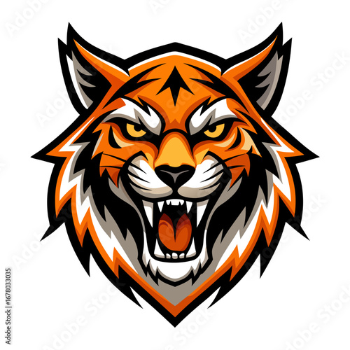 Aggressive Jungle Cat Logo with Bold Strokes and Orange-Black Color Blocking
