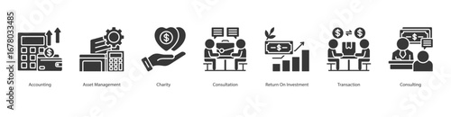 Accounting banner web icon set vector illustration concept with icon of accounting, asset management, charity, consultation, return on investment, transaction, consulting