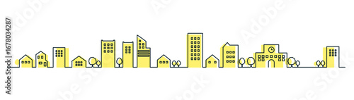 横長のシンプルな街並みのシルエットのイラスト　背景イラスト　都市景観