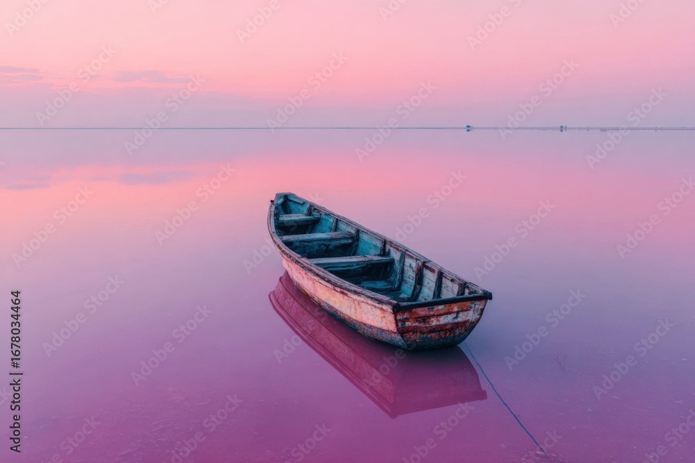 Fototapeta premium Tranquil Boat at Sunset on Serene Pink Lake with Reflections and Calm Waters