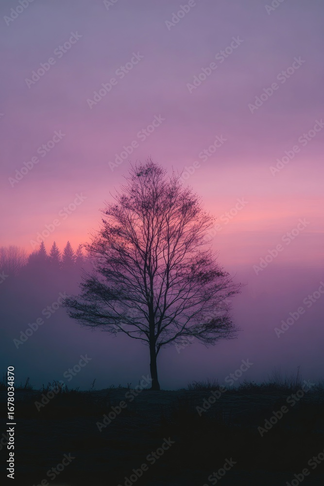 Obraz premium Silhouetted tree at dawn, soft colors