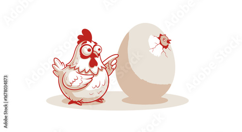 Humorous Cartoon Illustration of a Chicken Presenting a Hatching Egg, Perfect for Educational Materials and Children's Storybooks