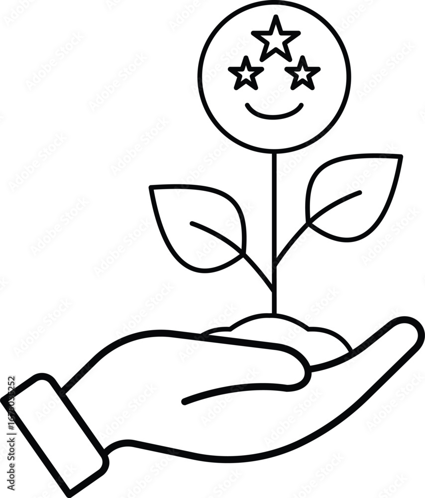 Obraz premium Hand holding plant with star flower icon representing growth, care, eco success, and achievement, transparent background