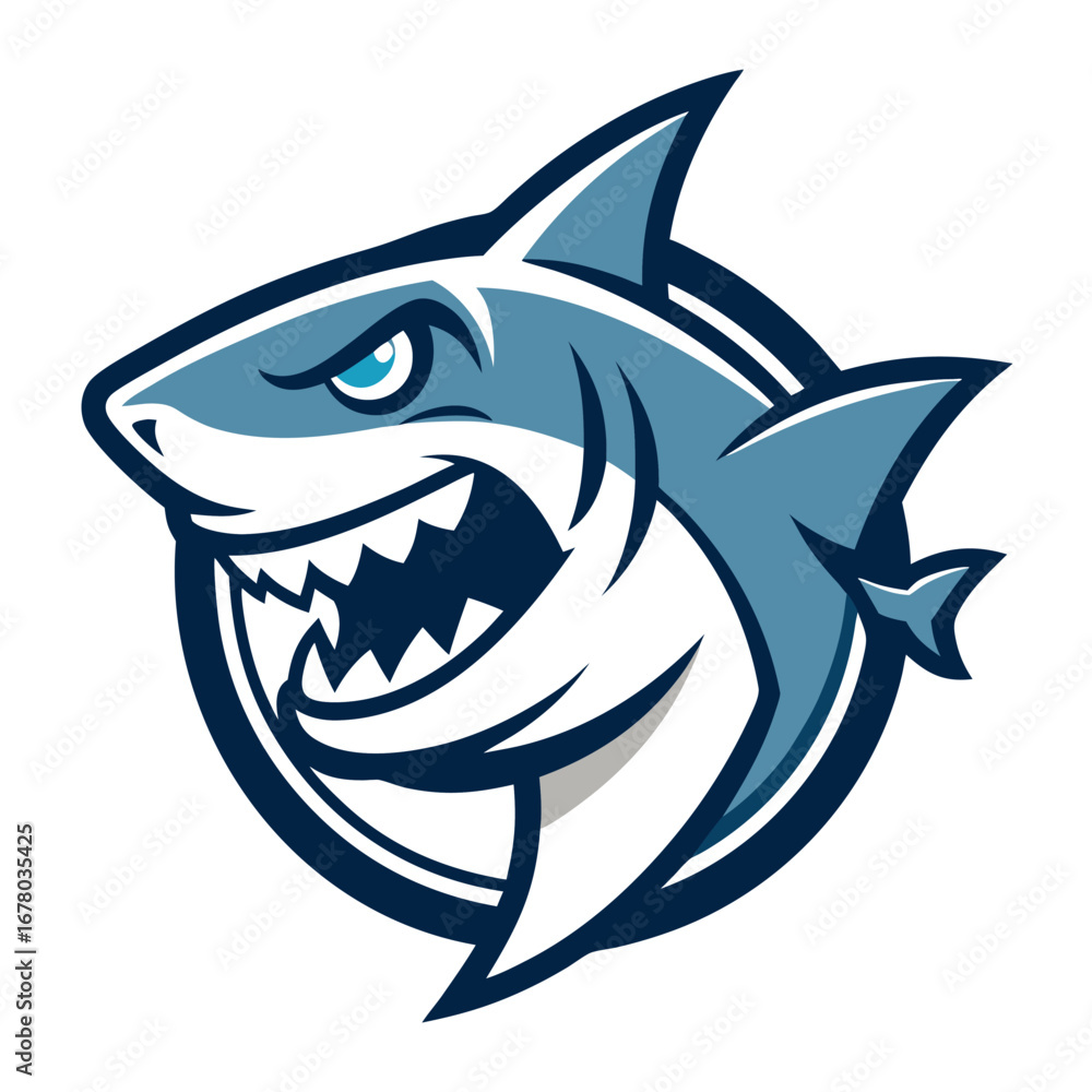 Naklejka premium Minimalist Shark Emblem in Thick Linework, Open-Mouth Pose, and Striking Dorsal Angle