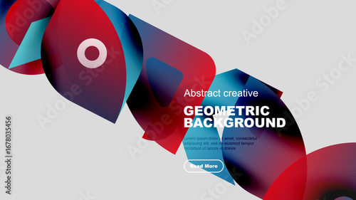 Abstract geometric shapes, vibrant colors, modern design. White background emphasizes fluid forms, text overlay present.