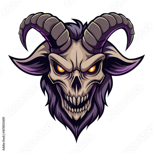 Dark Fantasy Goat Skull with Twisted Horns in Layered Aggressive Vector Style