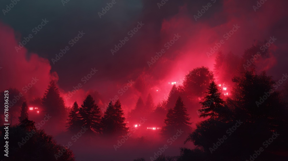 Fototapeta premium Ethereal Forest Illumination with Vibrant Red Light Amidst Misty Landscape at Dusk