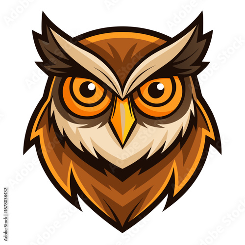 Brown and Orange Owl Head with Sharp Beak and Wide Eyes in Layered Vector Shapes for Classic Mascot Emblem