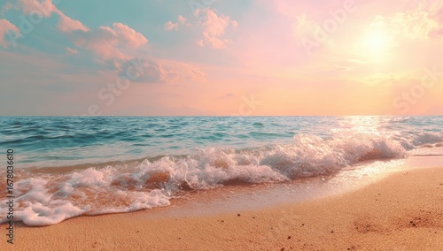Beachscape Ocean waves lap a sandy shore under a pastel sky, bathed in warm sunlight, creating a serene & peaceful scene