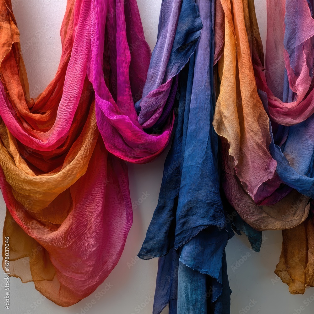 Fototapeta premium Colorful, flowing fabrics draped on wall