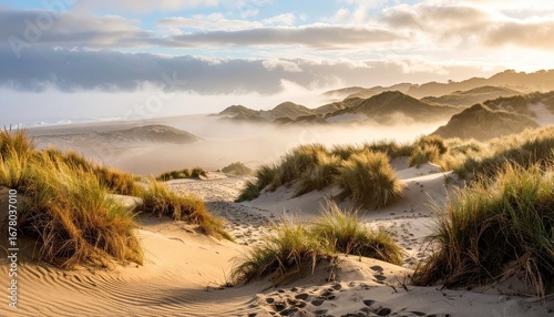 Golden Hour Sunrise Over Coastal Sand Dunes With Fog
