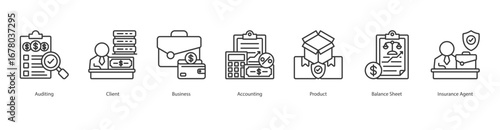 Auditing Service banner web icon set vector illustration concept with icon of auditing, client, business, accounting, product, balance sheet, insurance agent