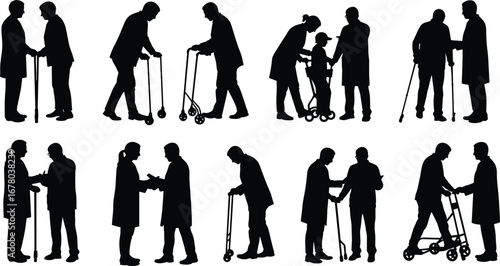 Elderly patient rehabilitation with doctor support, medical care assistance, walking aid therapy, hospital recovery scene, physical therapy consultation, senior healthcare illustration