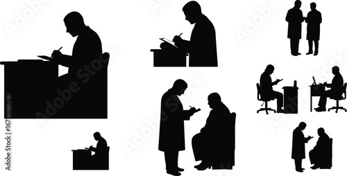 Doctor writing notes, patient consultation, medical record keeping, healthcare professional discussion, hospital meeting, treatment planning, clinical 