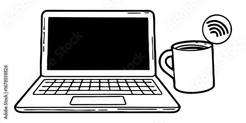 Illustration of a laptop computer with a black screen next to a coffee mug with a wifi symbol above it