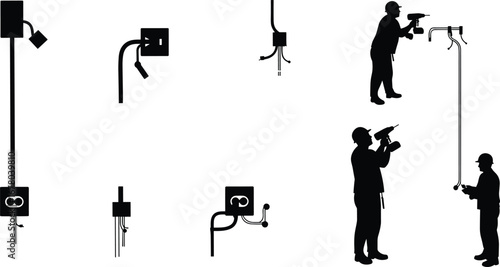 Electrical installation work, electricians with drill, cable wiring system, power connection, construction industry, electrical safety, energy distribution, utility service, engineering, repair