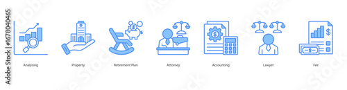 Financial Consulting banner web icon set vector illustration concept with icon of analysing, property, retirement plan, attorney, accounting, lawyer, fee