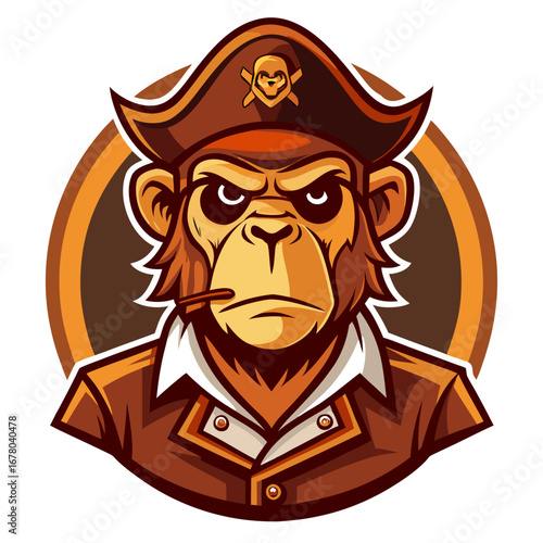 Retro Pirate Monkey Character with Cigar in Warm Brown Badge