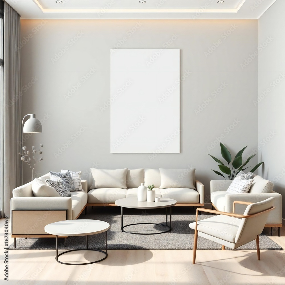 Fototapeta premium Modern living room with empty canvas on wall and comfortable seating
