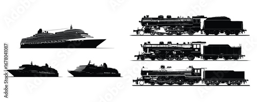 cruise ship and ferry silhouette set transportation vector illustration