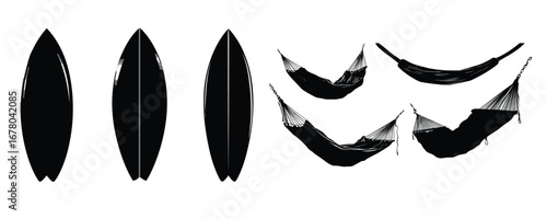 surfboard and hammock silhouette set summer leisure vector illustration