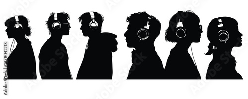 people with headphones silhouette set listening to music vector illustration