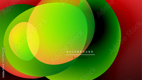 Abstract vibrant overlapping circles. Gradient colors blend, creating dynamic visual effect on black background. Modern design element.