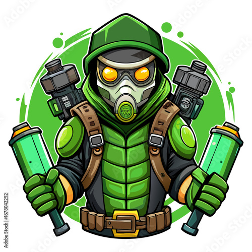 Post-Apocalyptic Gamer Mascot in Tactical Gear with Spray Cans or Weapons over Grunge Background