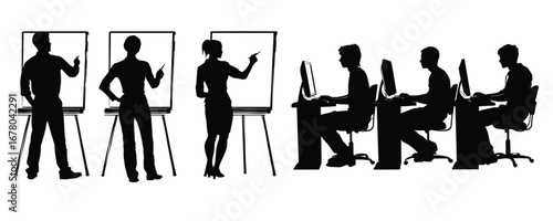 business people silhouette set teamwork and presentation at whiteboard vector illustration